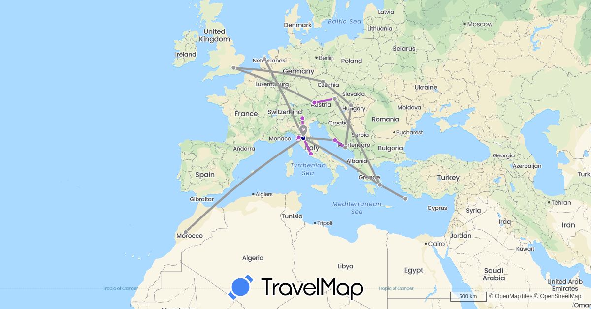 TravelMap itinerary: driving, plane, train in Austria, Czech Republic, United Kingdom, Greece, Croatia, Hungary, Italy, Morocco, Netherlands (Africa, Europe)